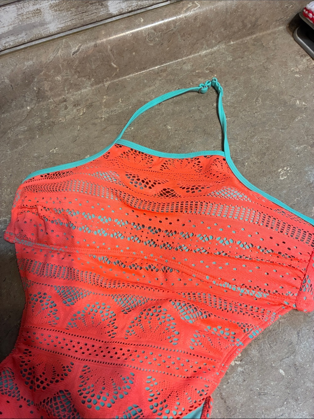 No Boundaries Size 11/13 Neon Coral Crochet One-Piece Swimsuit with Mint Trim - Picture 12 of 15